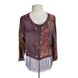 Vintage Boho Blouse Tienda Ho Embroidered Mirrors Beads Fringe One Size  277P